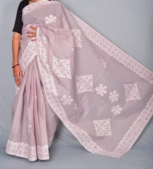 Hand Stitched Applique Work Organdy Cotton Saree