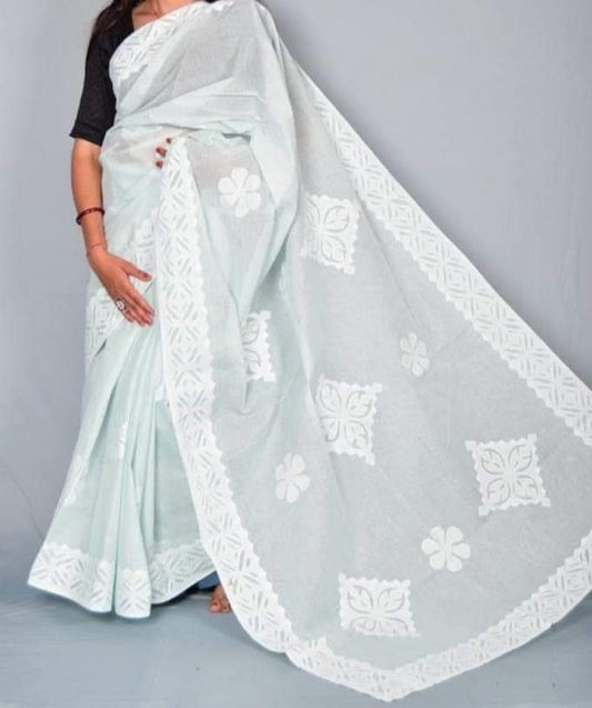 Hand Stitched Applique Work Organdy Cotton Saree