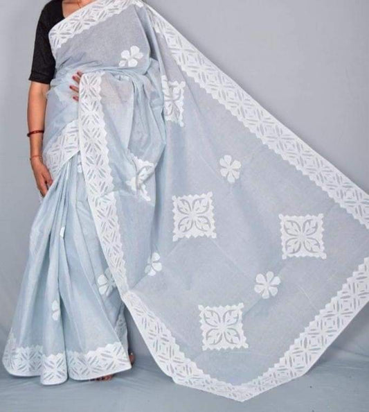 Hand Stitched Applique Work Organdy Cotton Saree