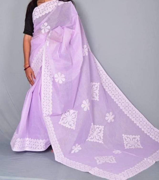 Hand Stitched Applique Work Organdy Cotton Saree