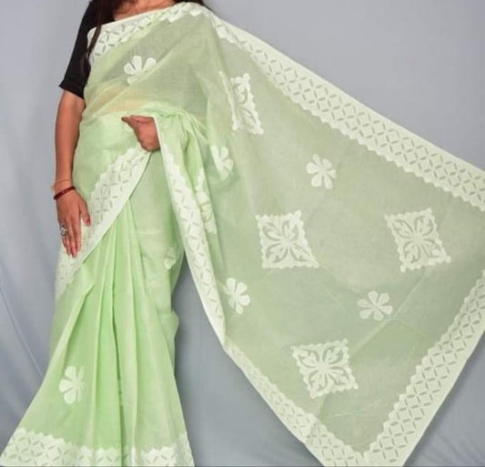 Hand Stitched Applique Work Organdy Cotton Saree