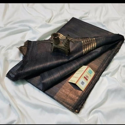 Black Handloom Ghicha Tussar Silk Saree