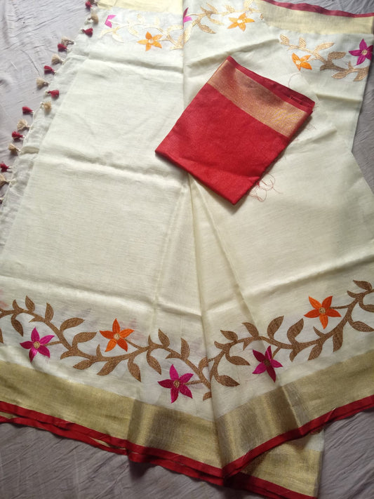 Off White Embroidered Pure Linen Saree