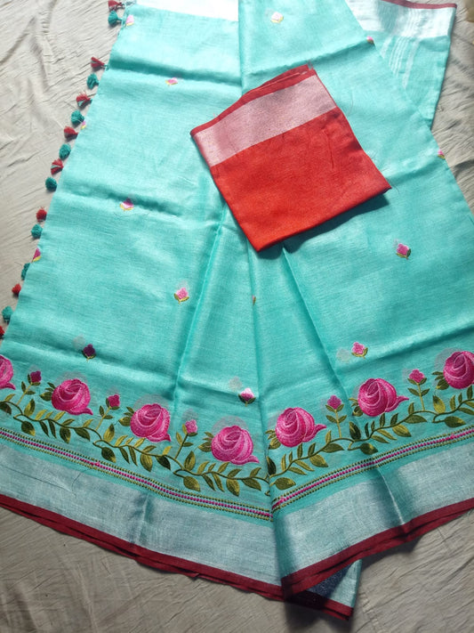 Aqua Embroidered Pure Linen Saree