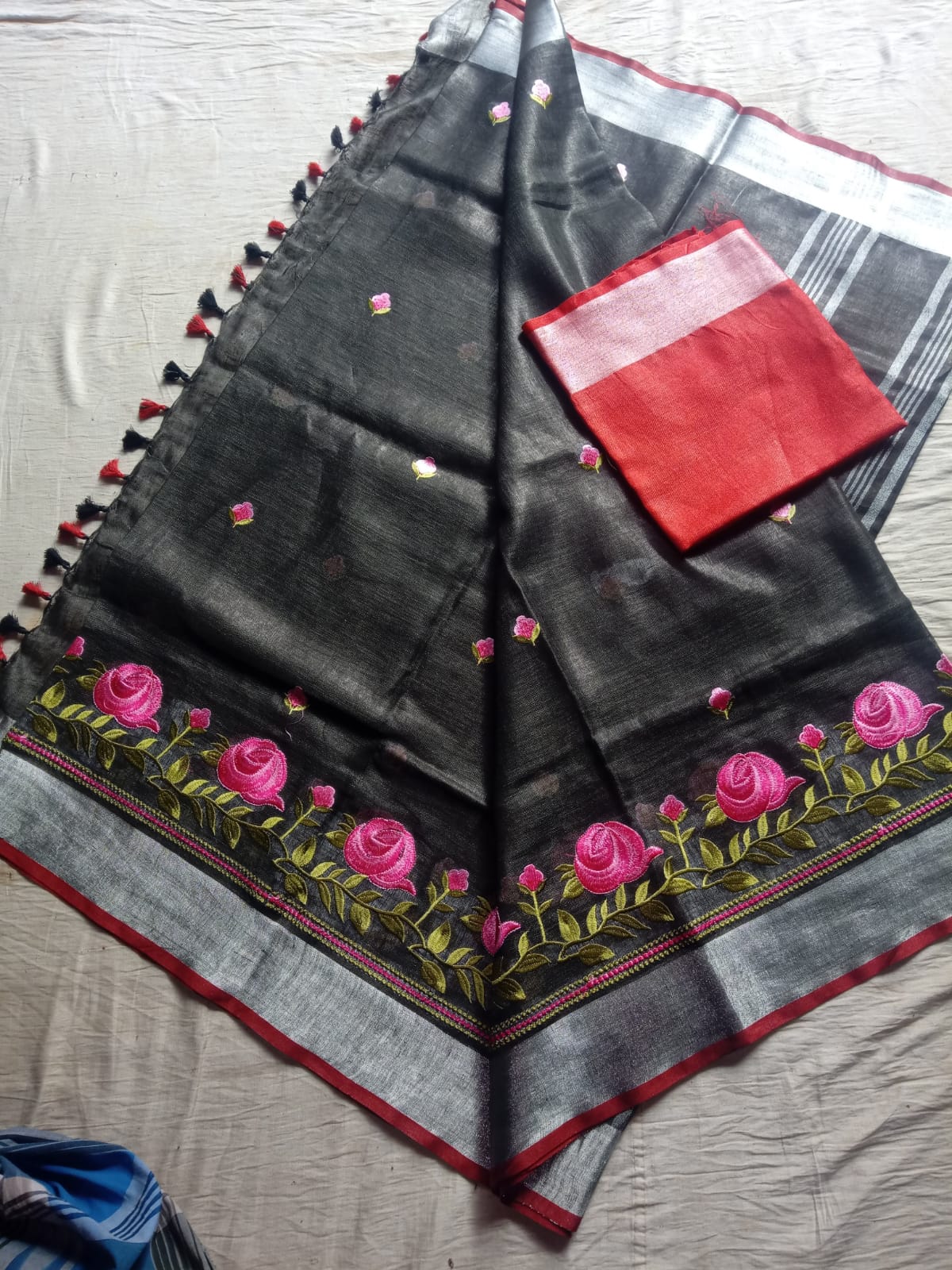 Black Embroidered Pure Linen Saree