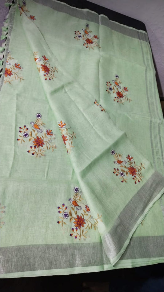 Sea Green Embroidered Pure Linen Saree