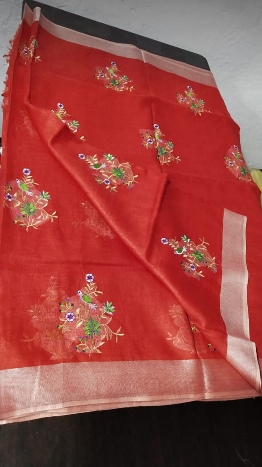 Red Embroidered Pure Linen Saree