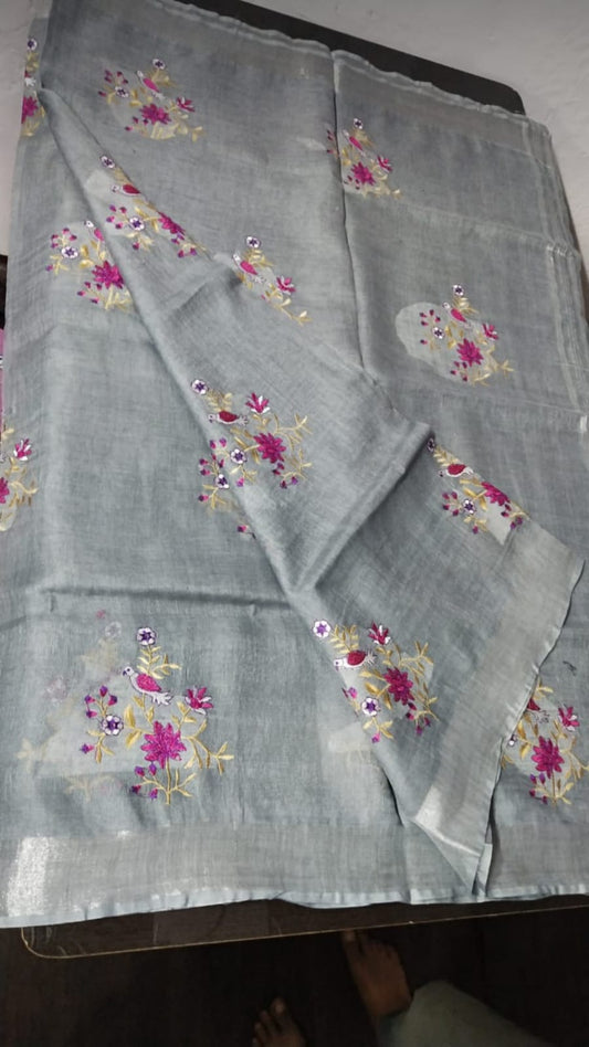 Grey Embroidered Pure Linen Saree