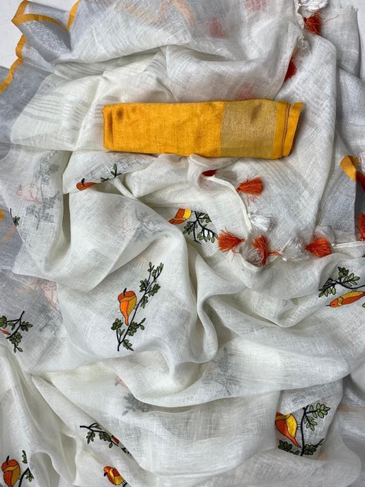 Yellow Embroidered Pure Linen Saree