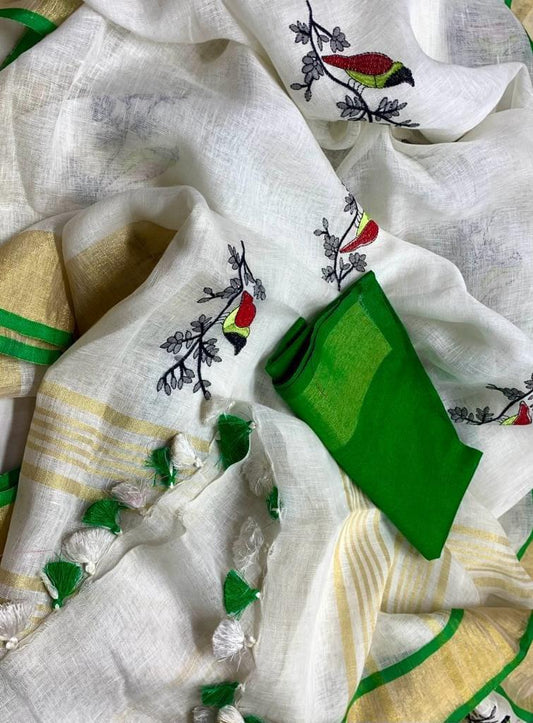 Green Embroidered Pure Linen Saree