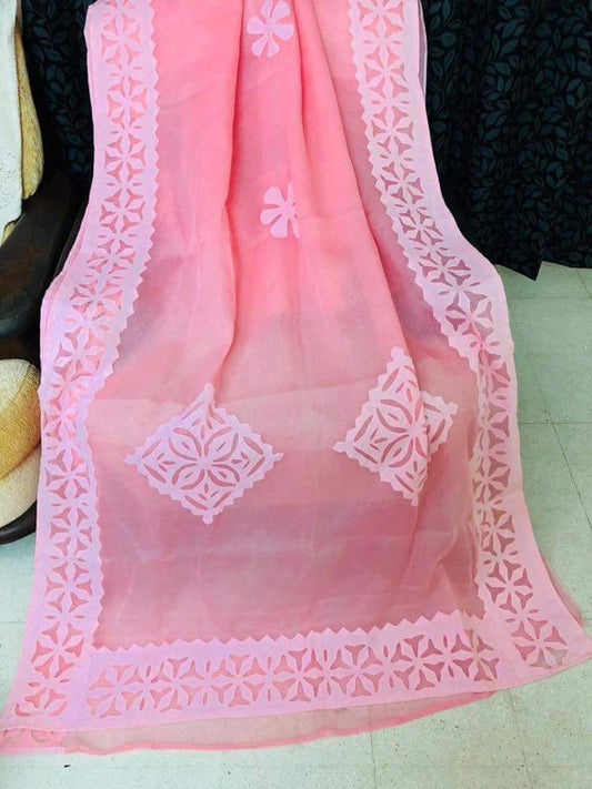 pink applique stitch dupatta - desi weaves