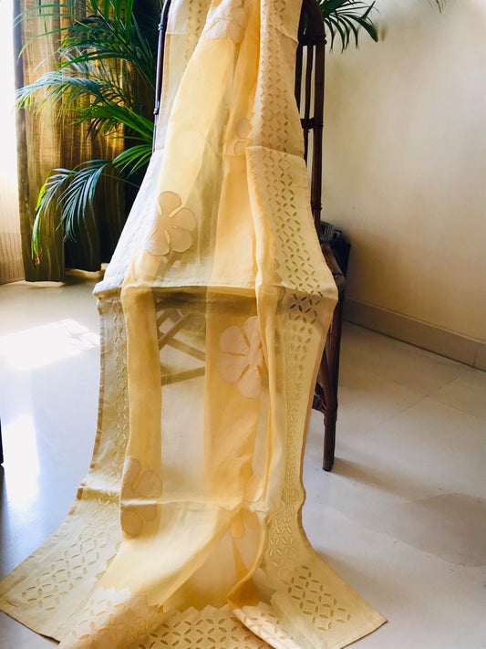 yellow applique stitch dupatta - desi weaves