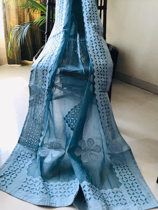 blue applique stitch dupatta - desi weaves