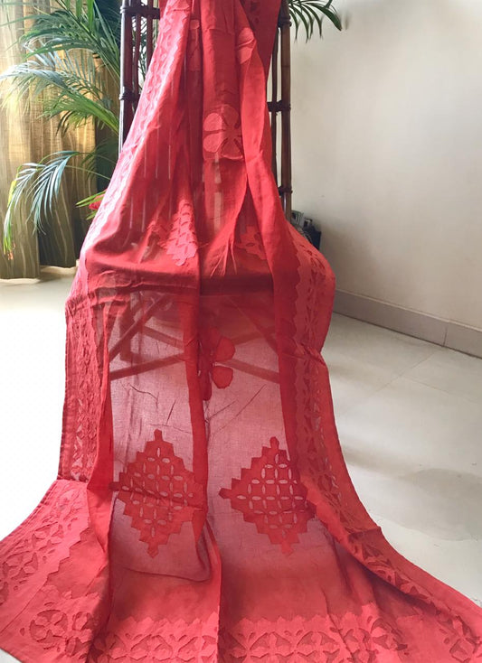 red applique stitch dupatta - desi weaves