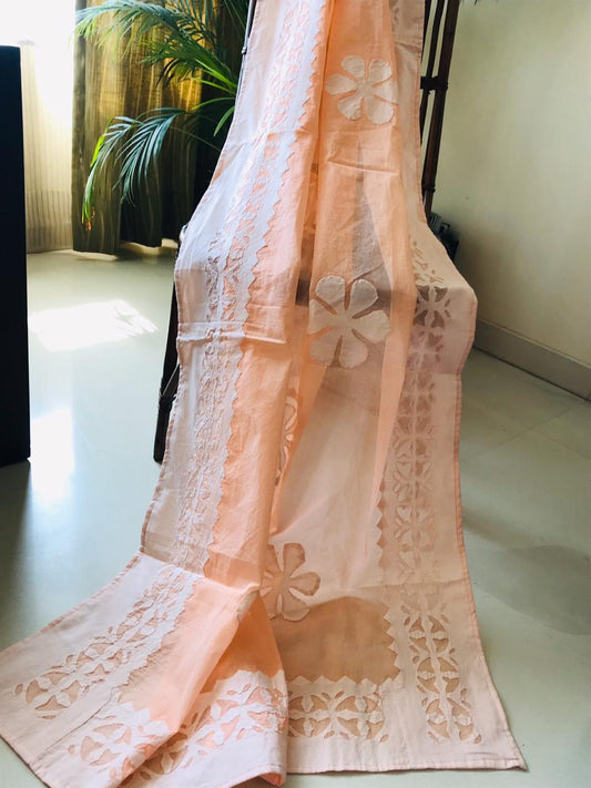 peach applique stitch dupatta - desi weaves