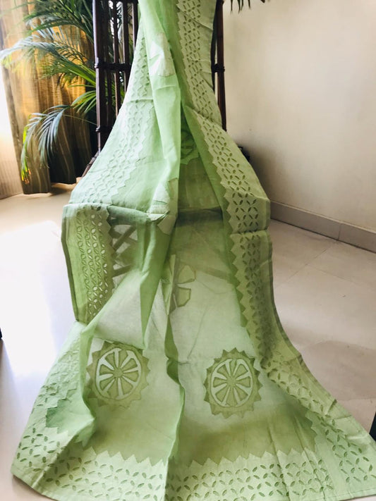 green applique stitch dupatta - desi weaves