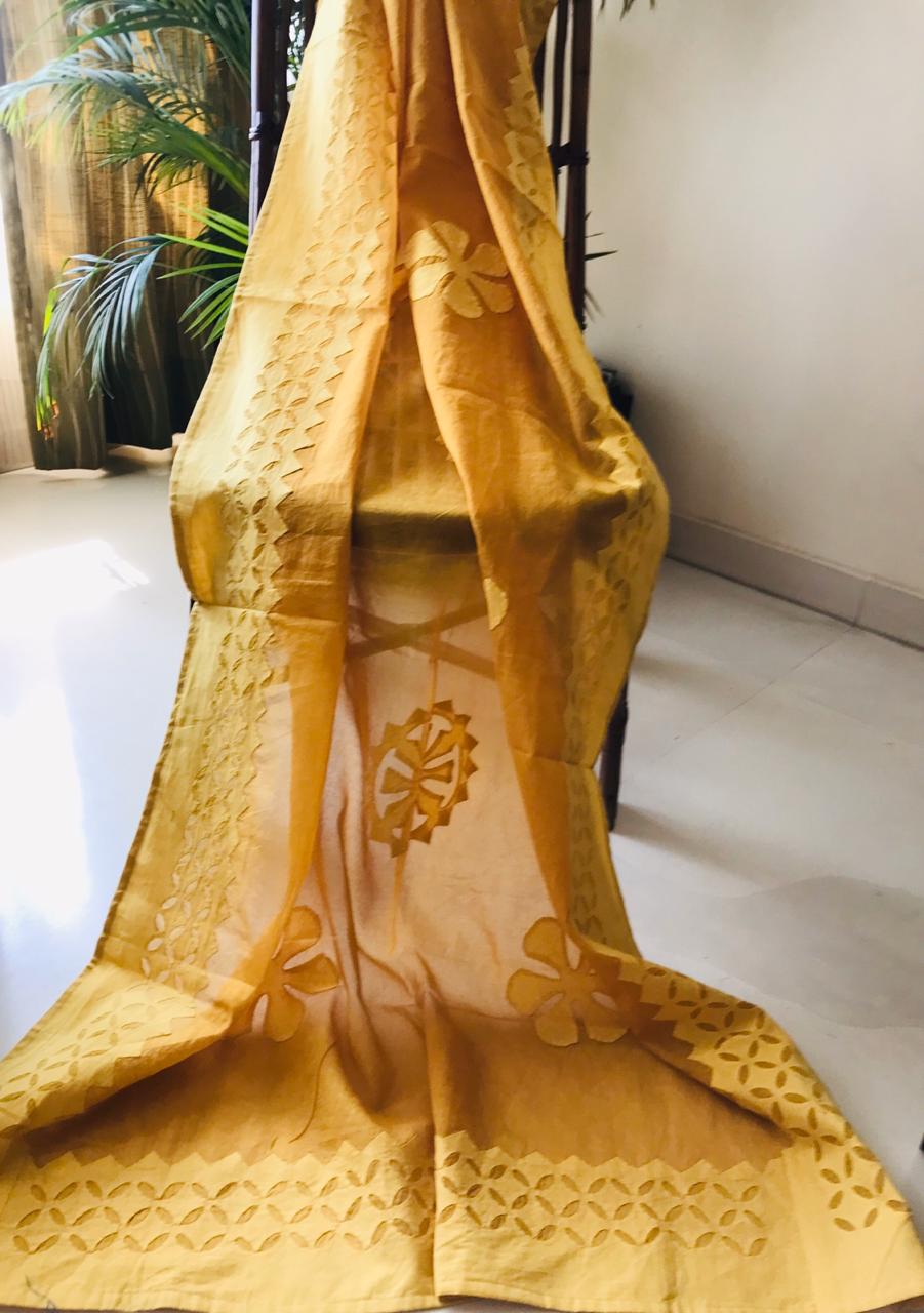 yellow applique stitch dupatta - desi weaves