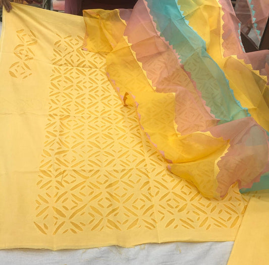 Yellow Handcrafted Applique Cotton Suit Dupatta Set
