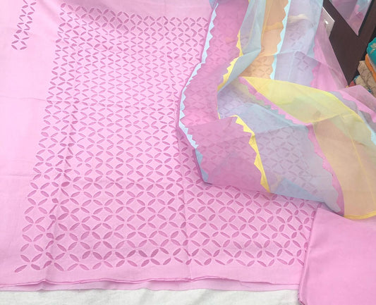 Pink Handcrafted Applique Cotton Suit Dupatta Set