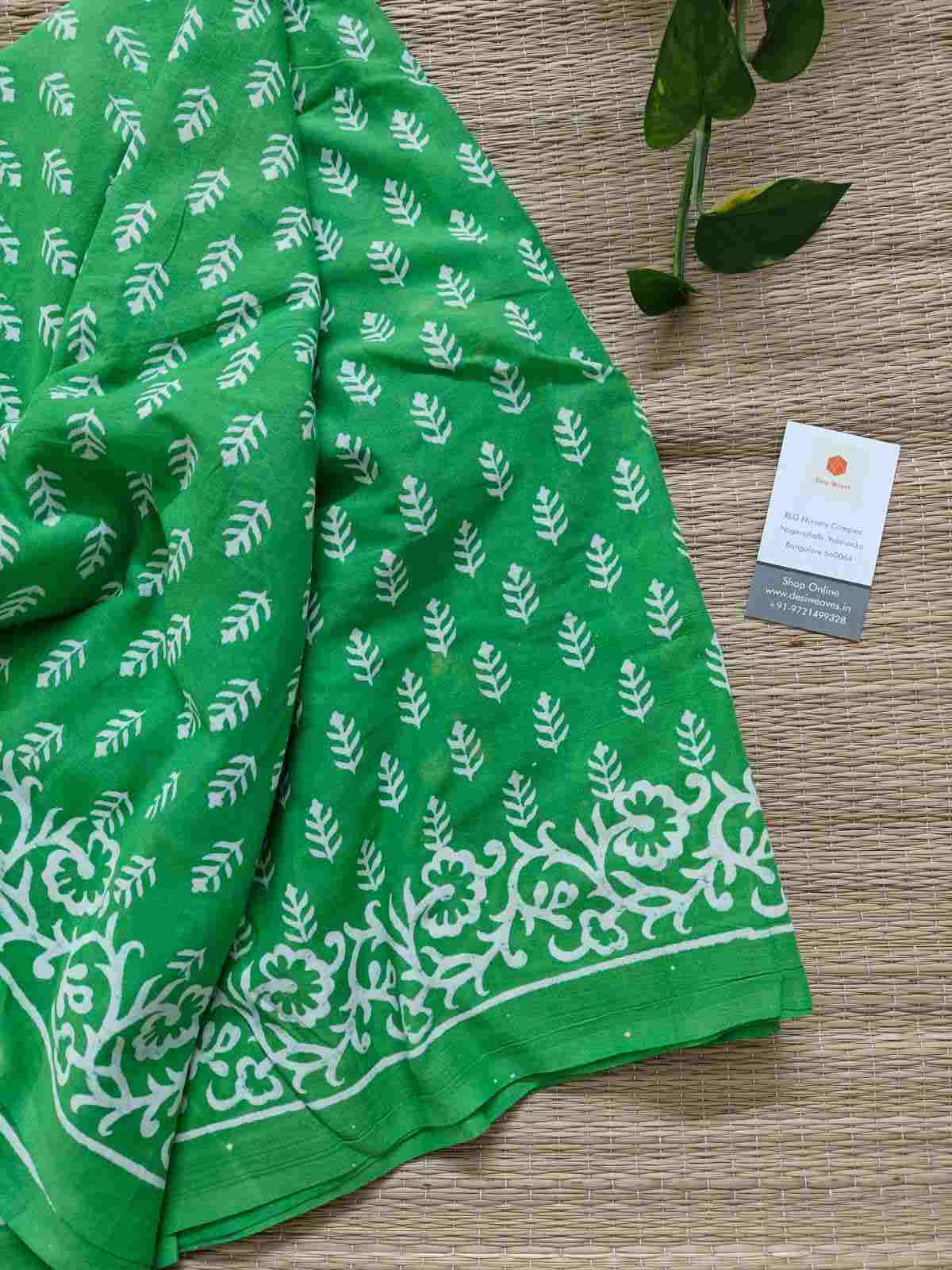 Green & White Block Print Pure Cotton Fabric