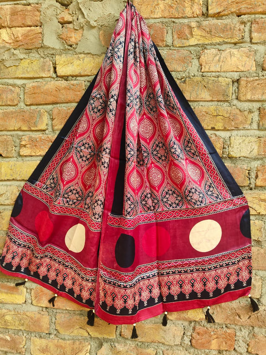 Ajrakh handblock printed modal silk stole