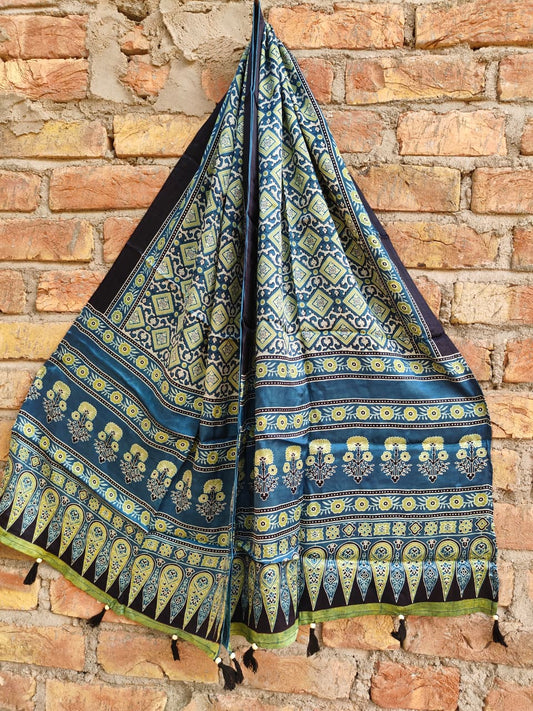 Ajrakh handblock printed modal silk stole