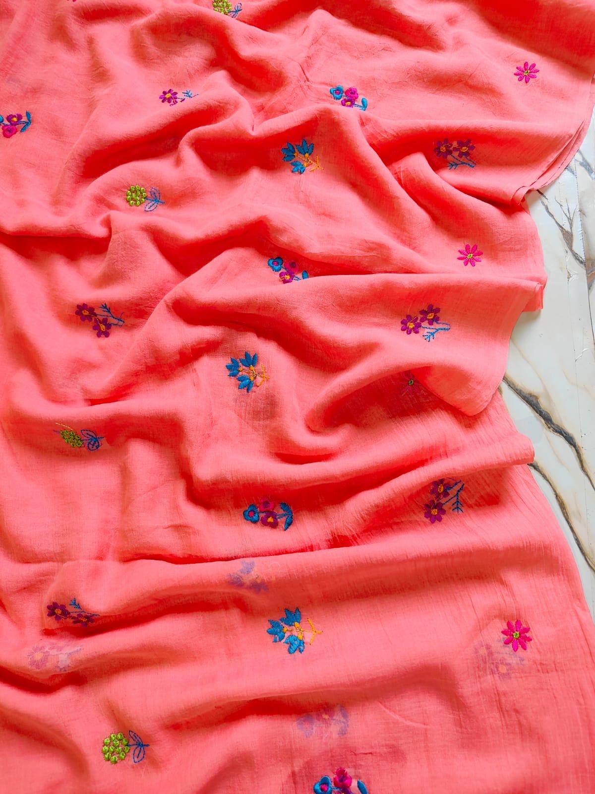 Peach Mull Cotton Embroidered Saree