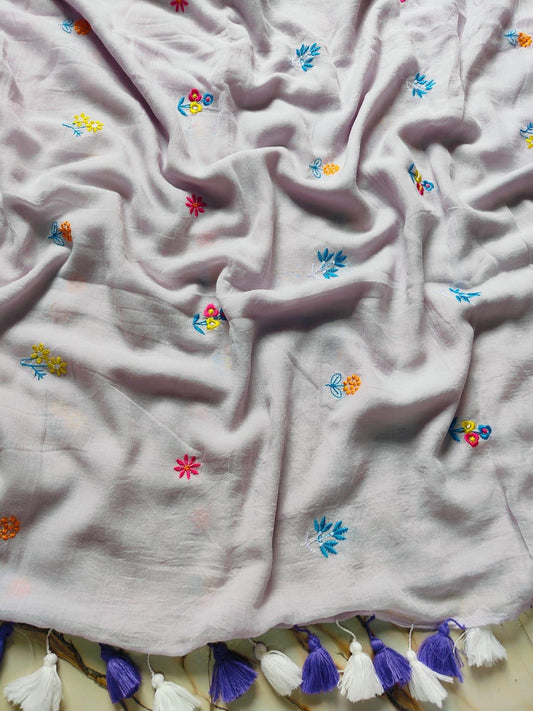 White Mull Cotton Embroidered Saree