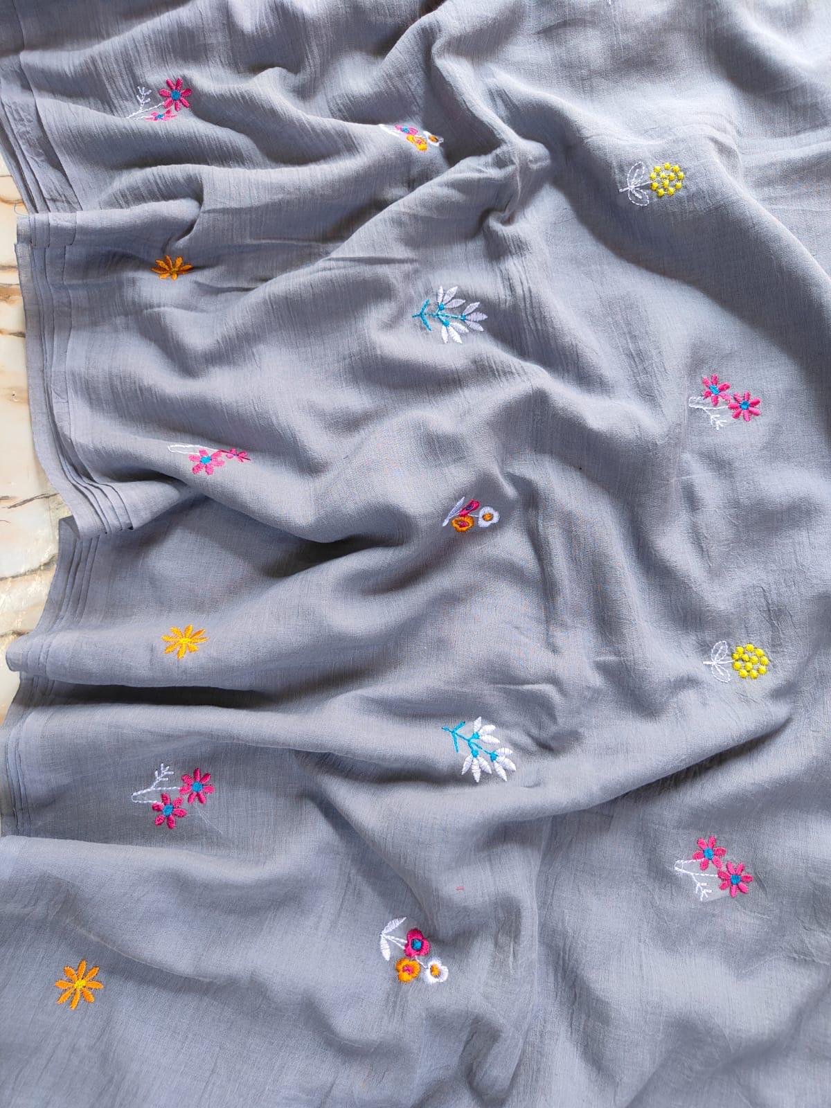 Aqua Blue Mull Cotton Embroidered Saree