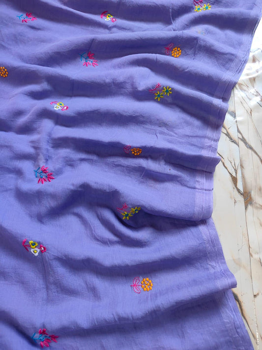 Purple Mull Cotton Embroidered Saree