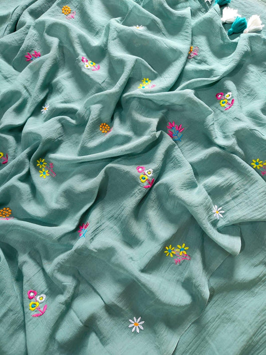 Aqua Green Mull Cotton Embroidered Saree