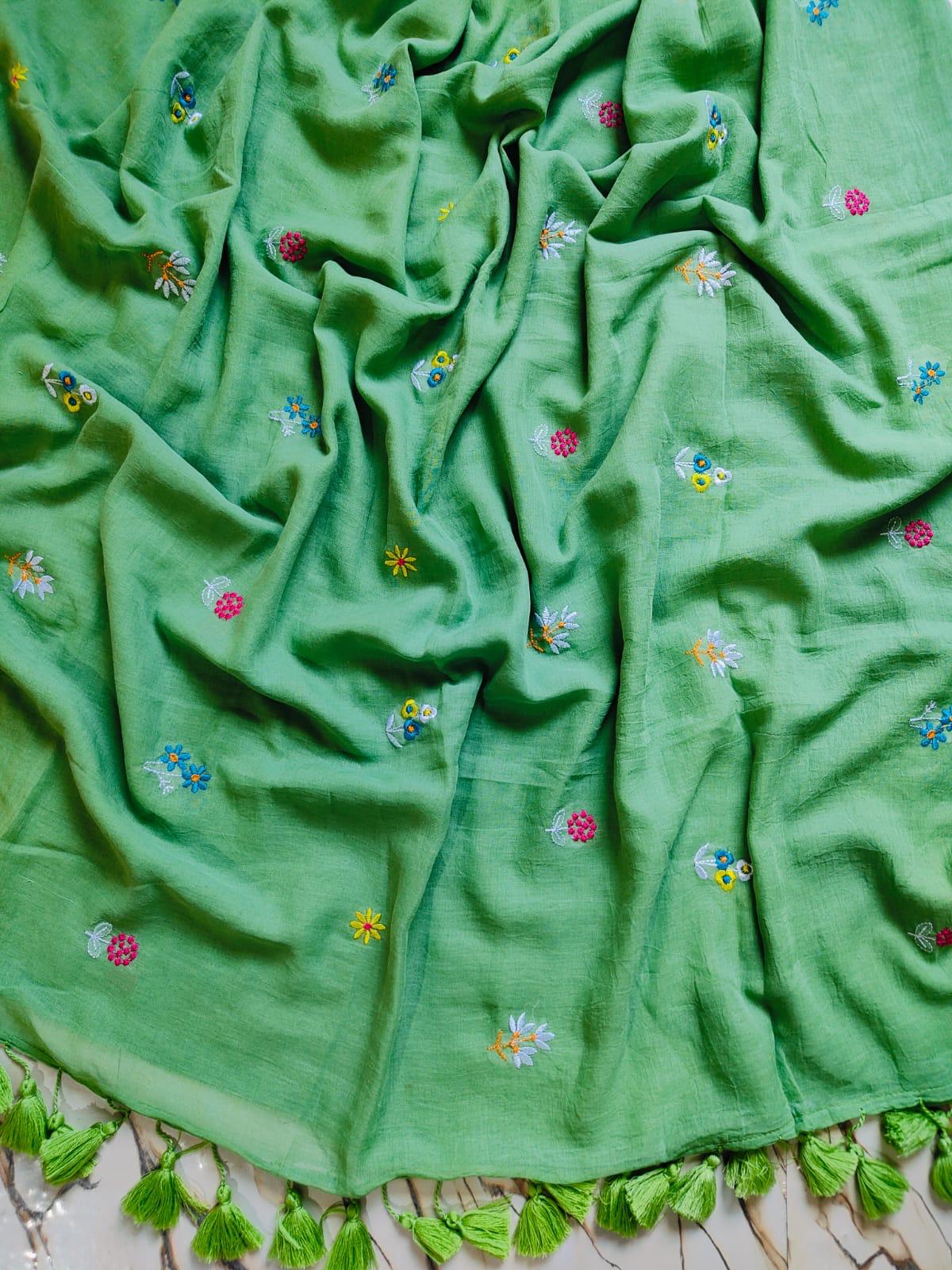 Sea Green Mull Cotton Embroidered Saree