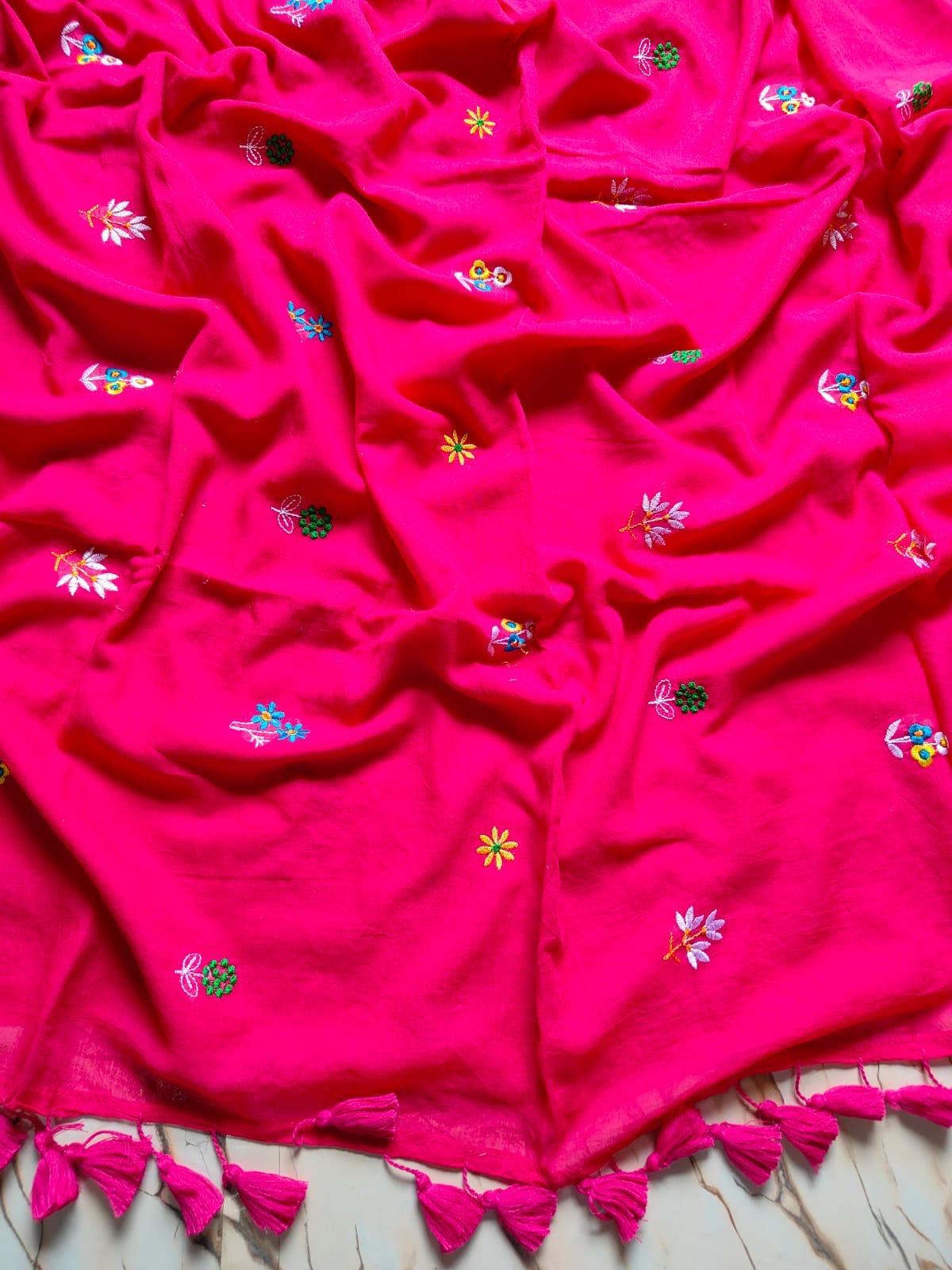 Magenta Mull Cotton Embroidered Saree