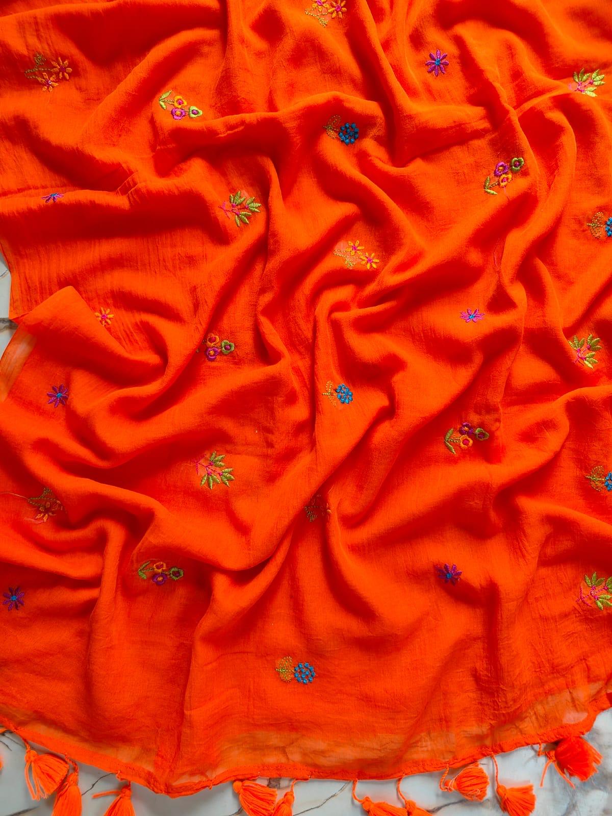 Orange Mull Cotton Embroidered Saree