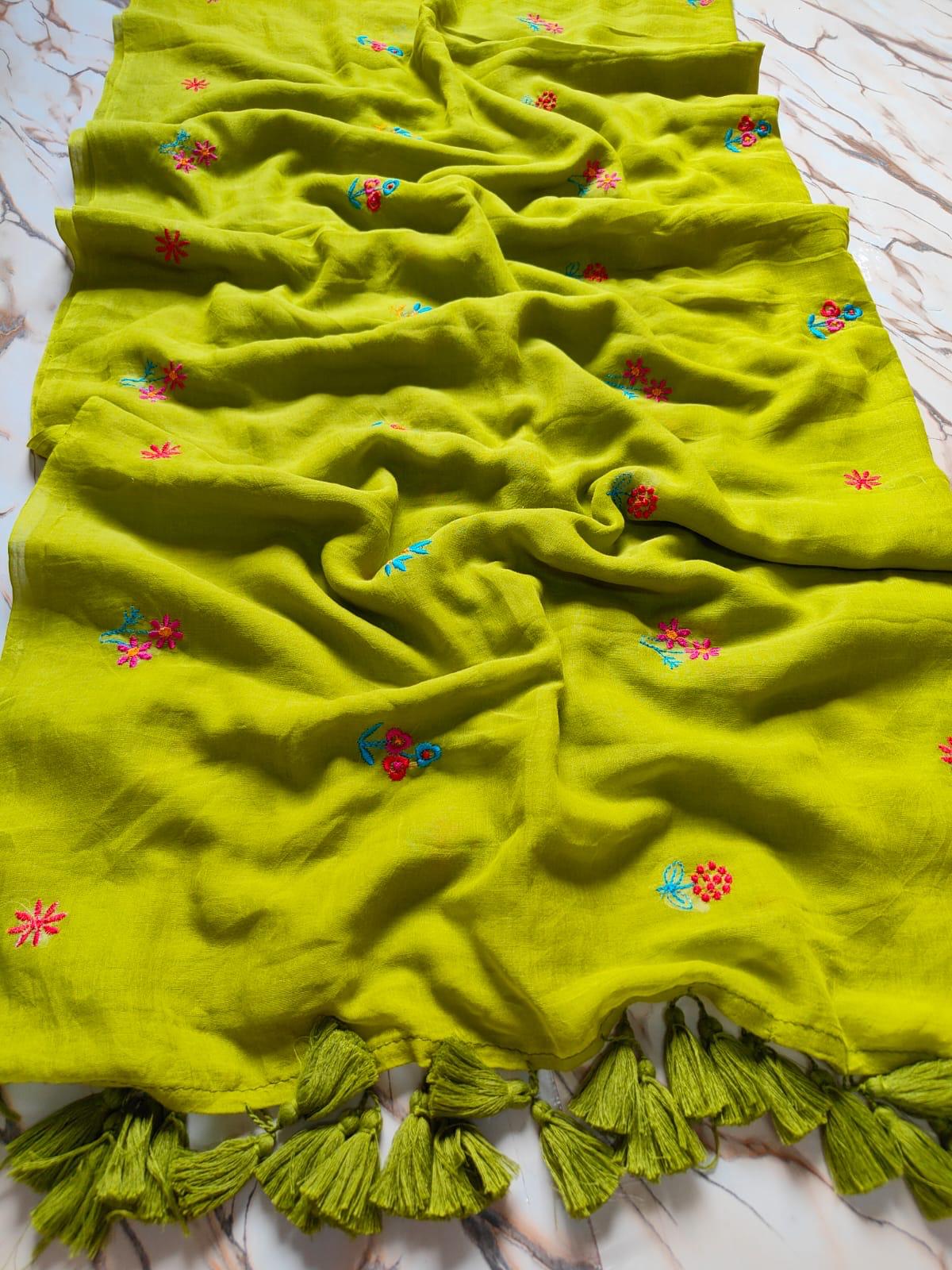 Green Mull Cotton Embroidered Saree