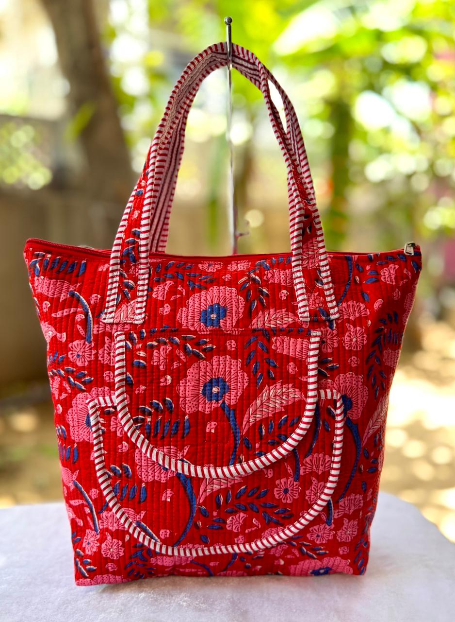 Red Quilted Block Print Cotton Tote Bag