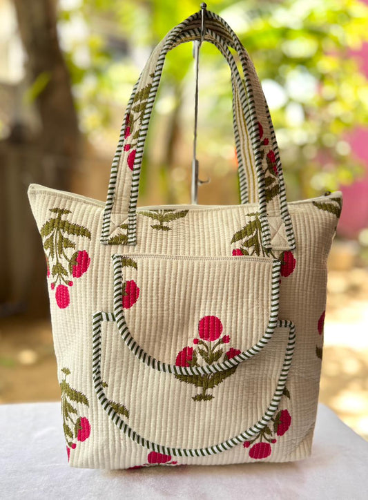 Red Flower Quilted Block Print Cotton Tote Bag