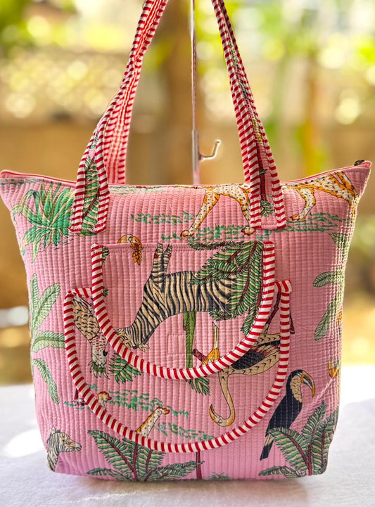 Pink City Quilted Block Print Cotton Tote Bag
