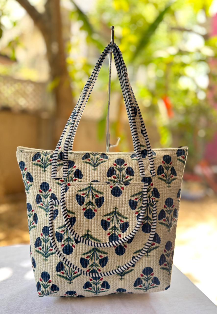 Blue Stone Quilted Block Print Cotton Tote Bag