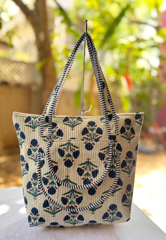 Blue Stone Quilted Block Print Cotton Tote Bag