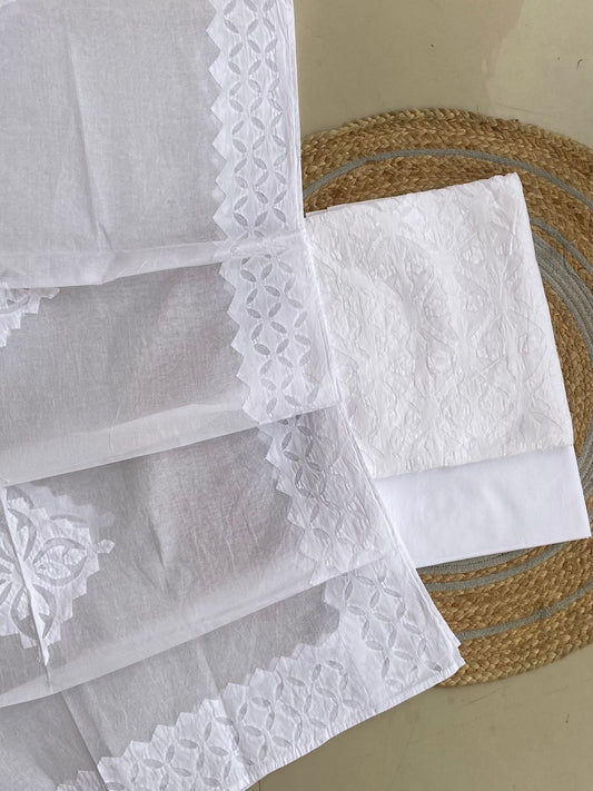 White Handcrafted Applique Cotton Suit Dupatta Set