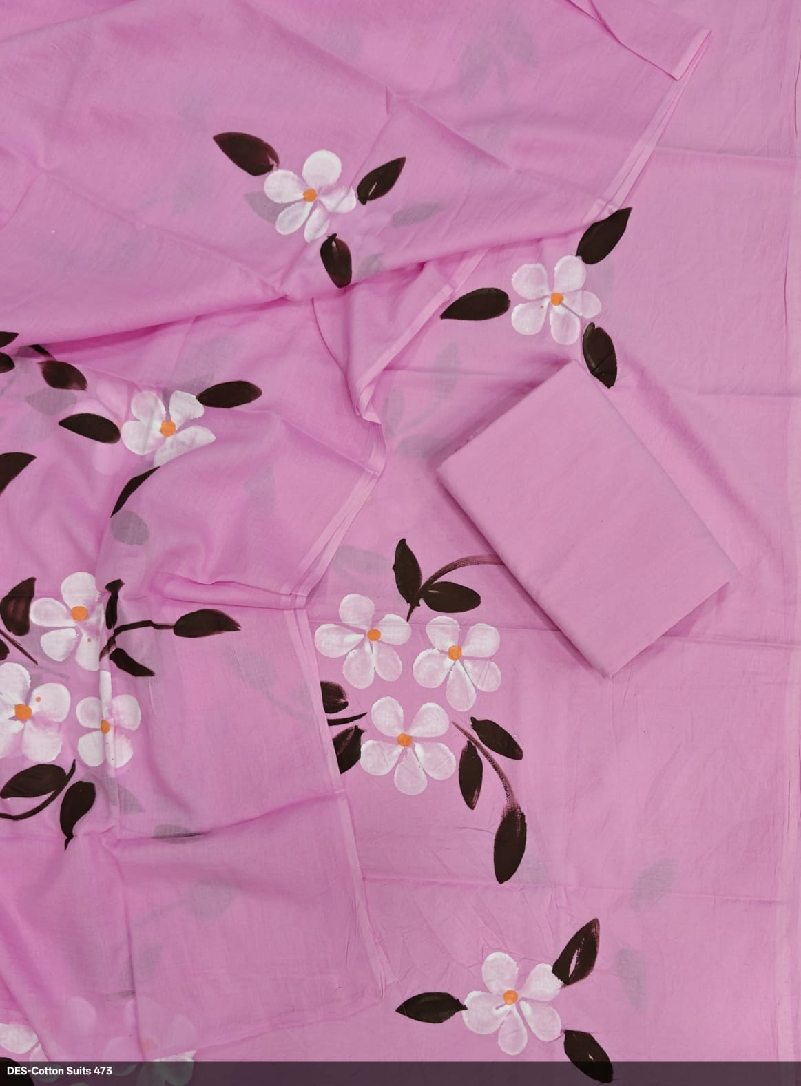 Pink Hand Painted Pure Cotton Suit Dupatta Set