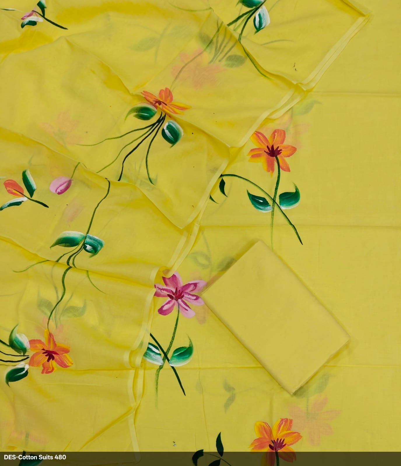 Yellow Hand Painted Pure Cotton Suit Dupatta Set