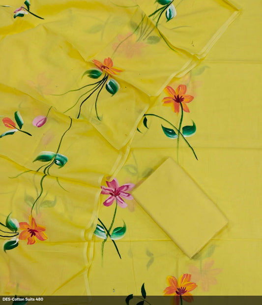 Yellow Hand Painted Pure Cotton Suit Dupatta Set