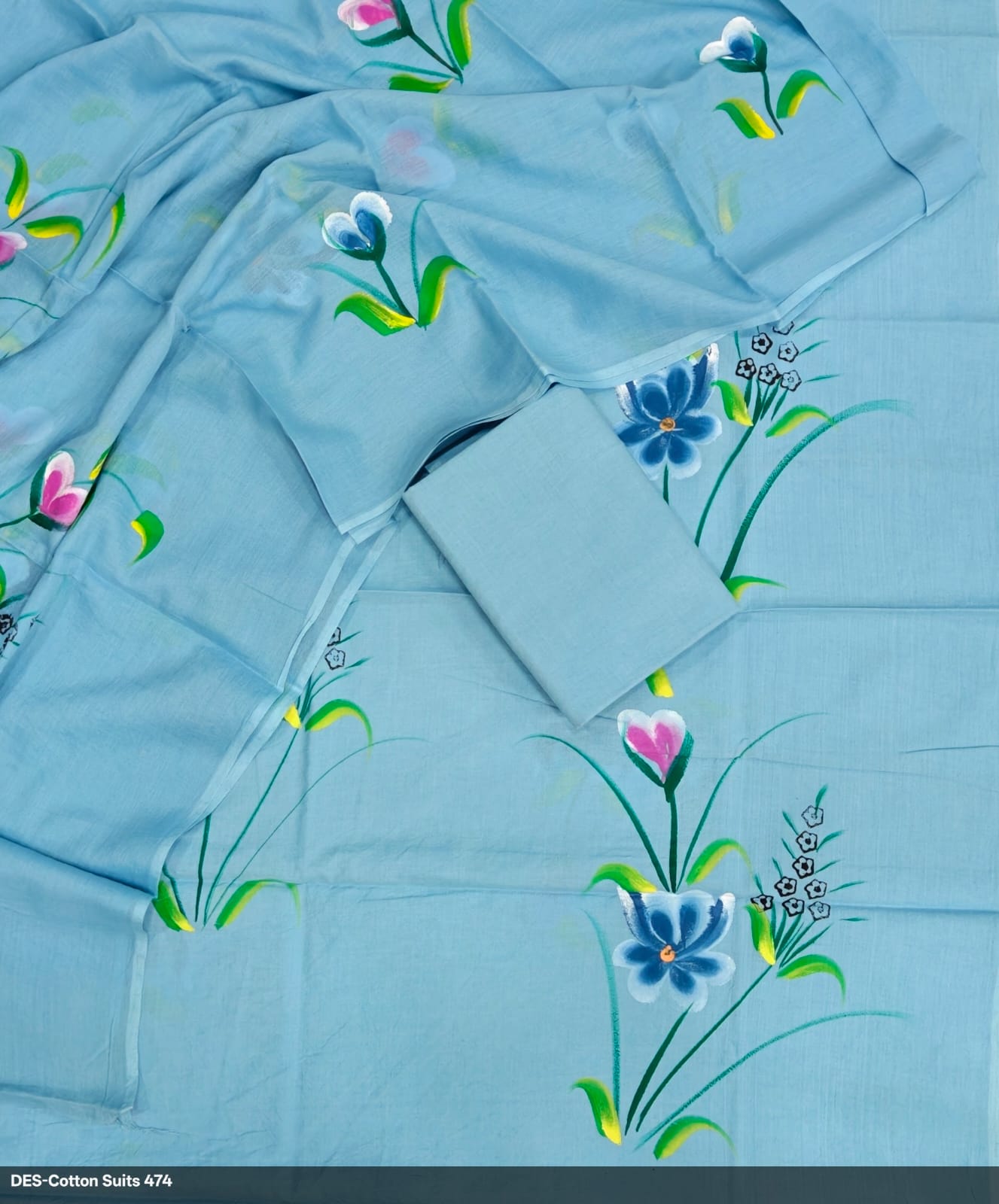 Blue Hand Painted Pure Cotton Suit Dupatta Set