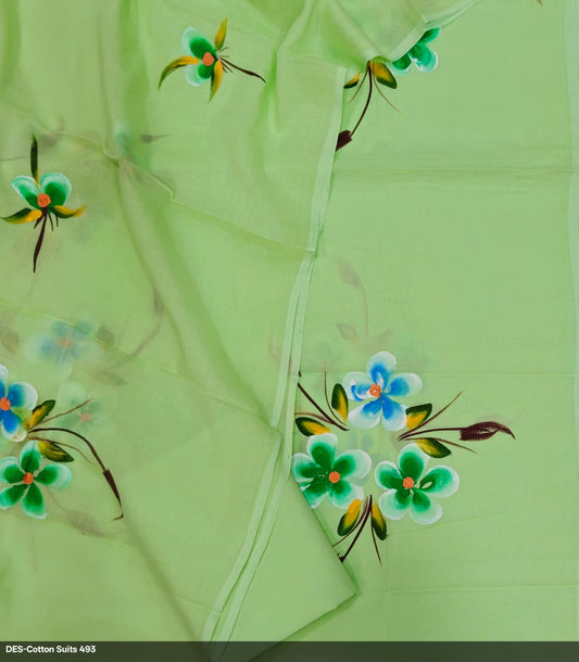 Green Hand Painted Pure Cotton Suit Dupatta Set