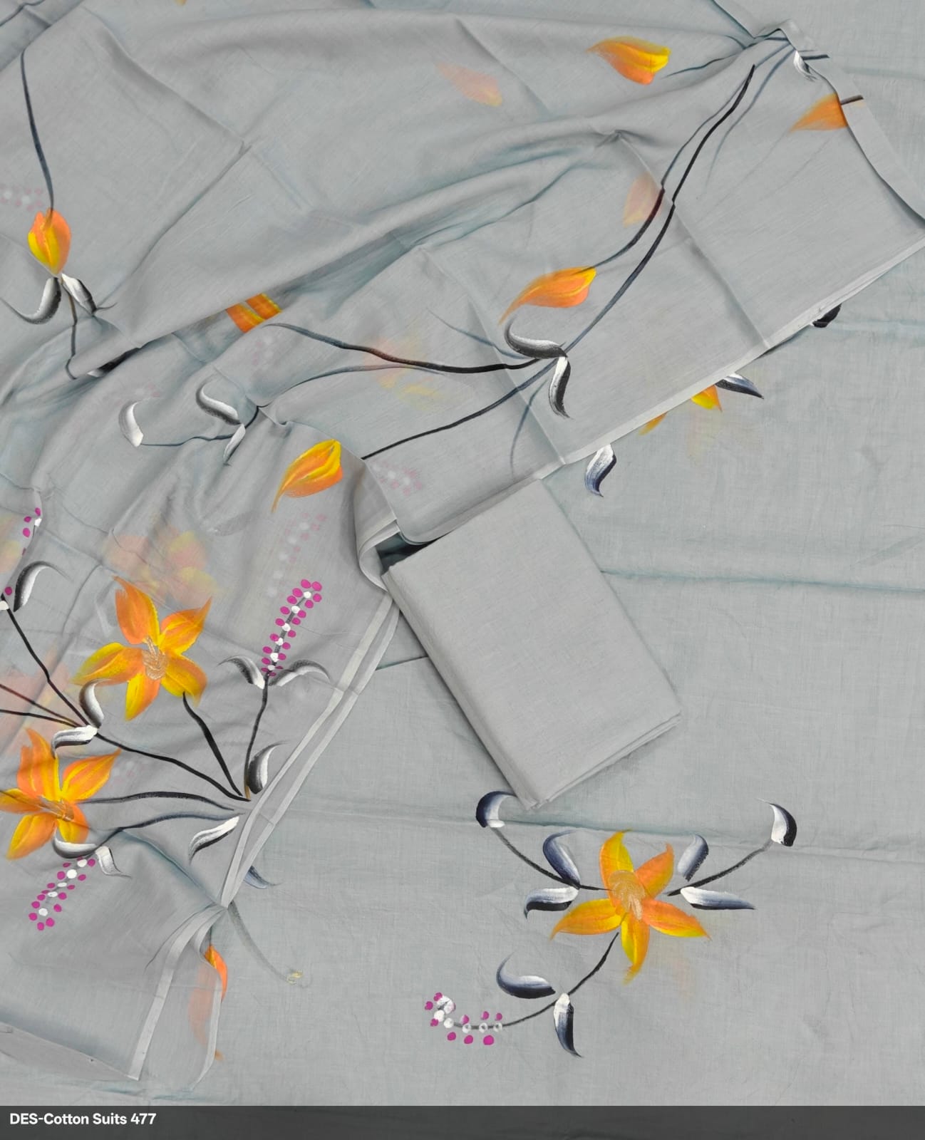 Grey Hand Painted Pure Cotton Suit Dupatta Set