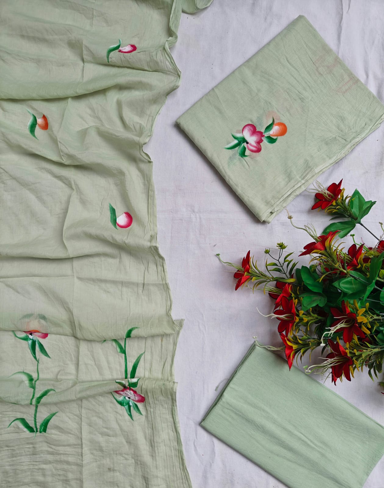 Pista Hand Painted Pure Cotton Suit Dupatta Set