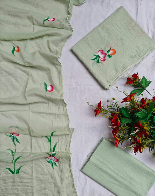 Pista Hand Painted Pure Cotton Suit Dupatta Set