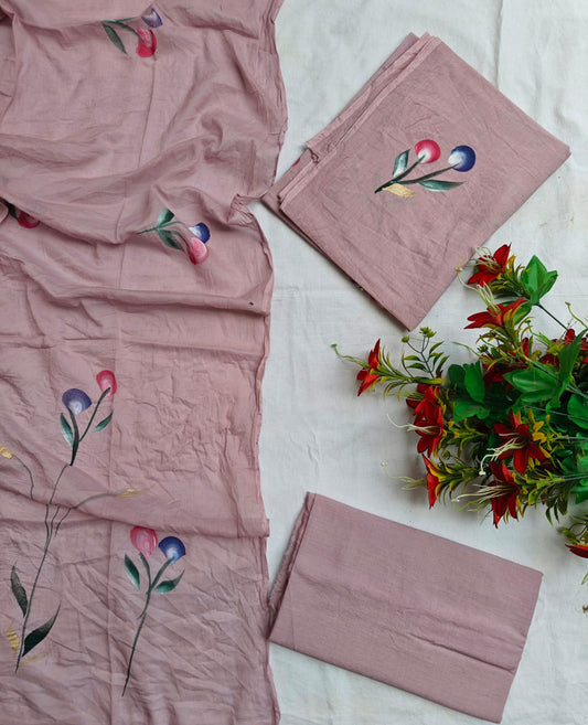 Rose Pink Hand Painted Pure Cotton Suit Dupatta Set